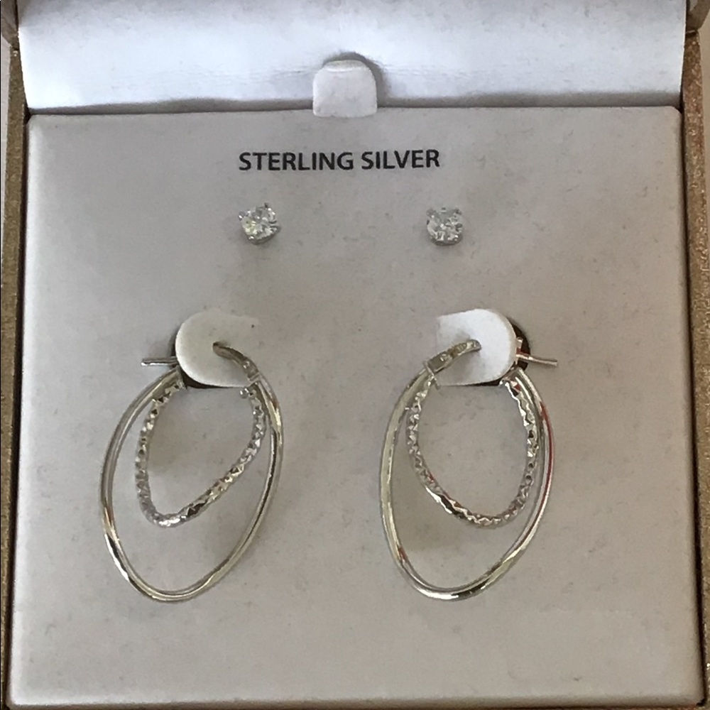 BRILLIANCE STERLING SILVER HOOPS AND CUBIC ZIRCONIA STUDS NWT